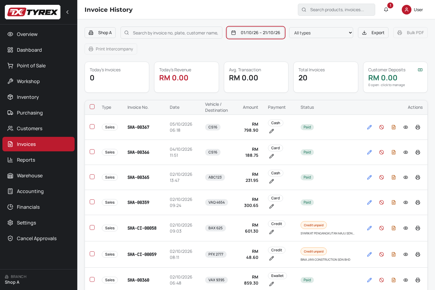TyreX invoice history with vehicle references, cash, card, credit and e-wallet payment labels, paid and unpaid-credit statuses, and invoice action icons.